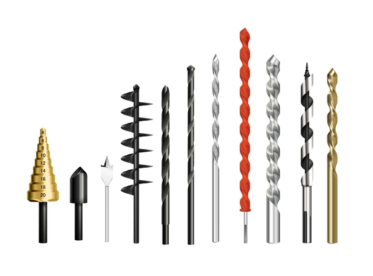 Drilling machine realistic set with isolated icons of rotary twist bits made of different metal materials vector illustration