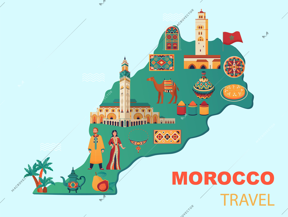 Morocco map with flat moroccan bazaar elements people landmark flag cuisine camel on light blue background vector illustration