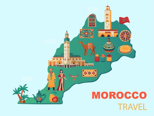 Morocco map with flat moroccan bazaar elements people landmark flag cuisine camel on light blue background vector illustration