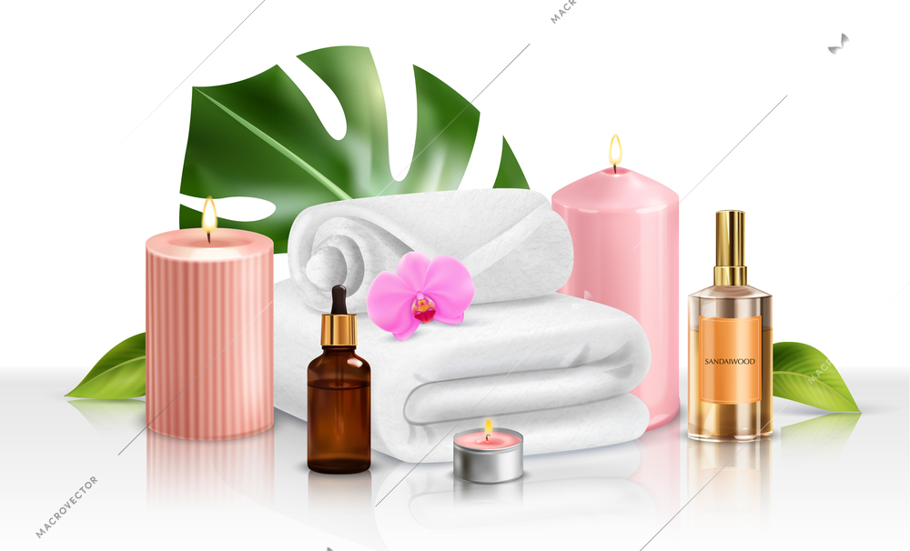 Composition with realistic images of towels and pink flower with candles and bottles of aroma oil vector illustration