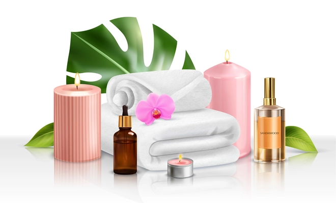 Composition with realistic images of towels and pink flower with candles and bottles of aroma oil vector illustration