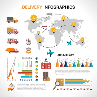 Logistic chain shipping freight service supply delivery infographics set with charts and world map vector illustration