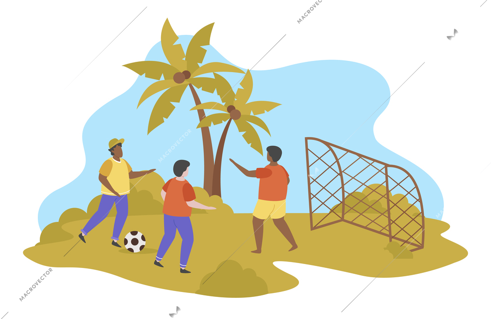 Summer activities flat composition with outdoor tropical scenery and three players with gate and football ball vector illustration