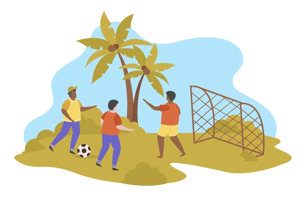 Summer activities flat composition with outdoor tropical scenery and three players with gate and football ball vector illustration