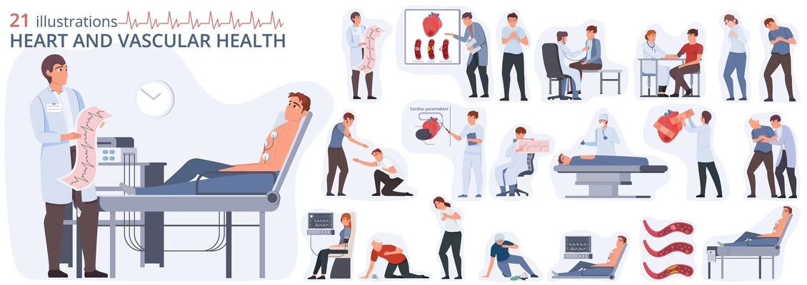 Cardiovascular diseases set of flat compositions with human characters of suffering patients medical specialists and aid vector illustration