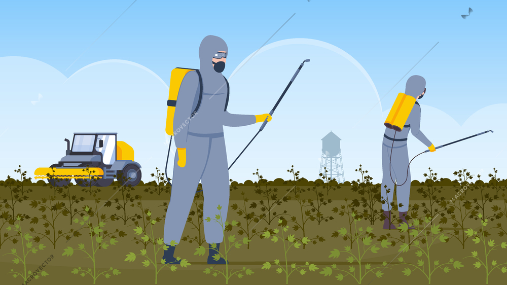 Pesticide farm flat composition with outdoor field landscape with pest control crew spraying chemicals on grounds vector illustration