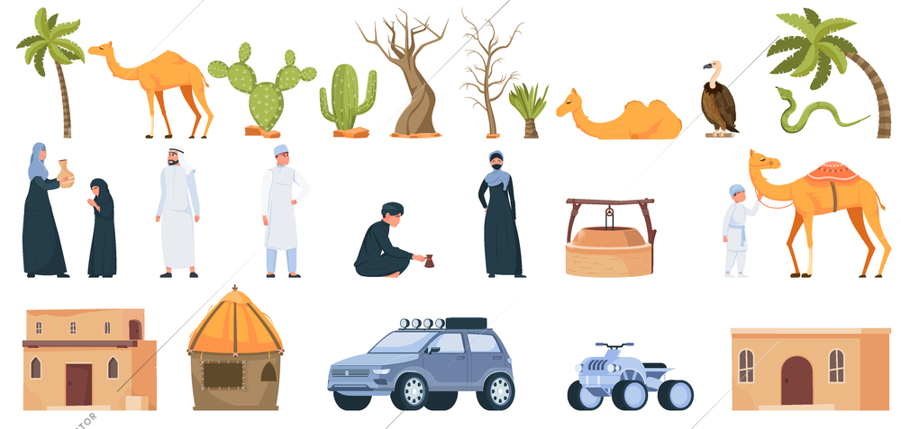 Desert people set of flat isolated icons with cars houses and wild plants with human characters vector illustration