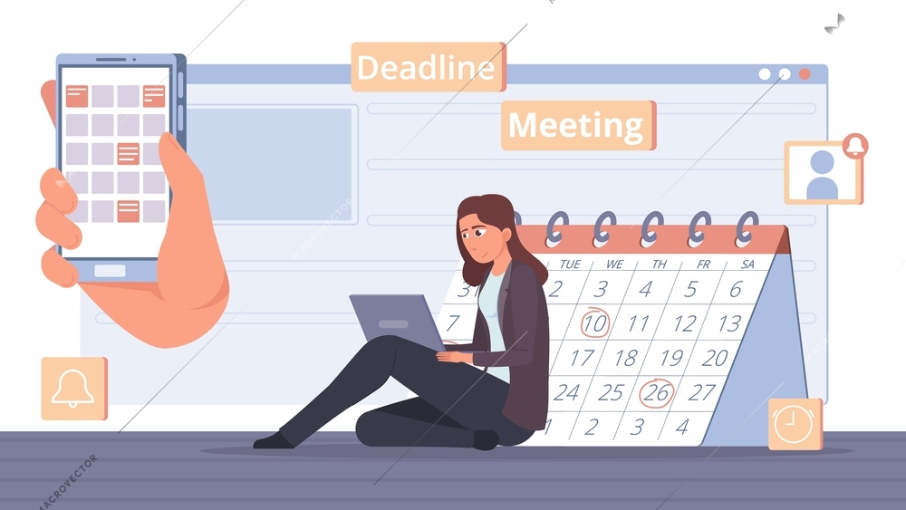 Reminder people flat composition with female clerk character sitting near flip calendar with hand holding smartphone vector illustration