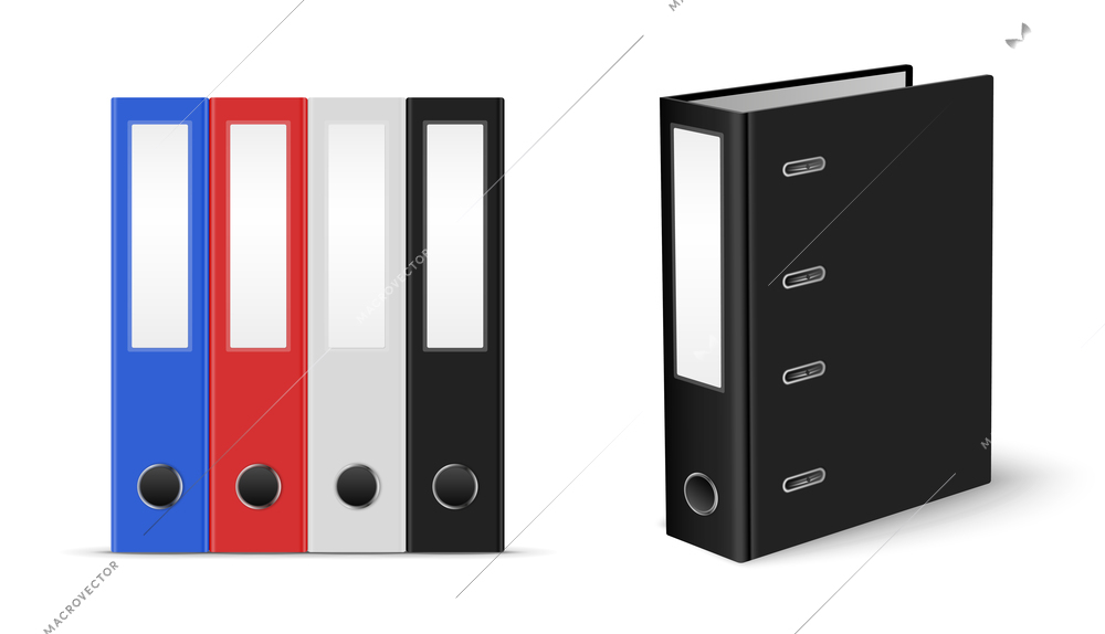 Row of four colored office ring binders and isolated black binder for A4 paper sheet realistic vector illustration