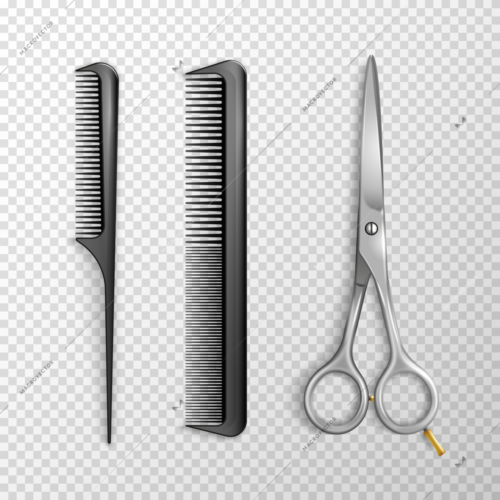 Barbershop hair salon tools realistic set with combs and scissors isolated on transparent background vector illustration