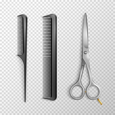 Barbershop hair salon tools realistic set with combs and scissors isolated on transparent background vector illustration