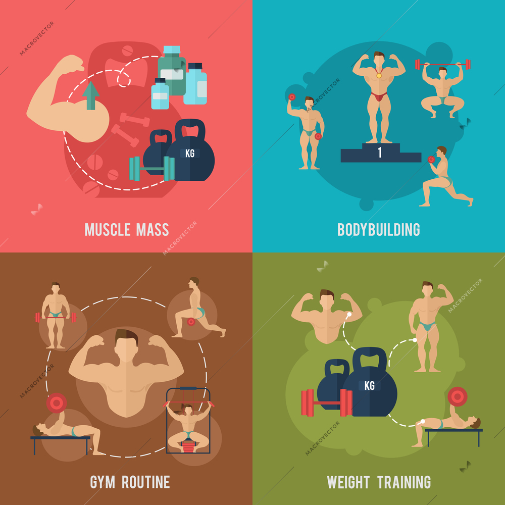 Bodybuilding flat icons set with muscle mass gym routine weight training isolated vector illustration