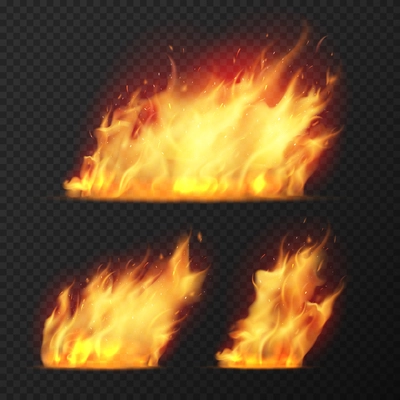 Fire flame shapes with sparks realistic set isolated on transparent background vector illustration