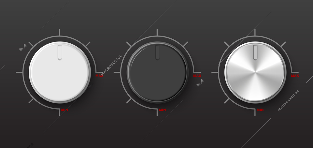 Realistic round white black and silver adjustment dials against dark background isolated vector illustration