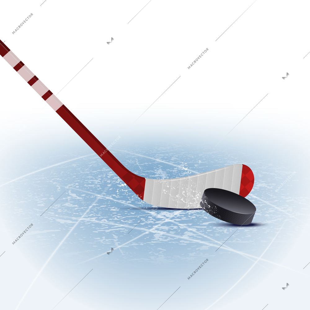 Realistic hockey stick and puck on ice rink during match vector illustration