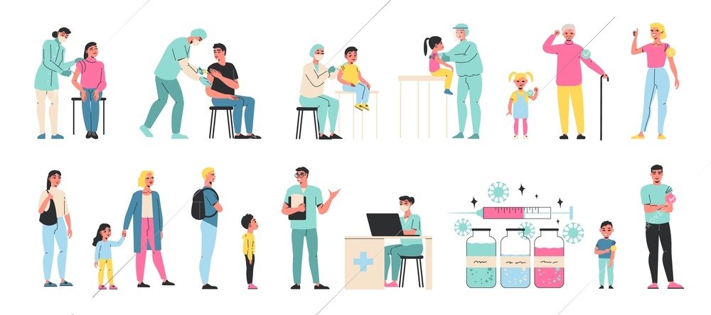 Vaccination set with isolated icons and doodle human characters of various age and gender getting vaccinated vector illustration