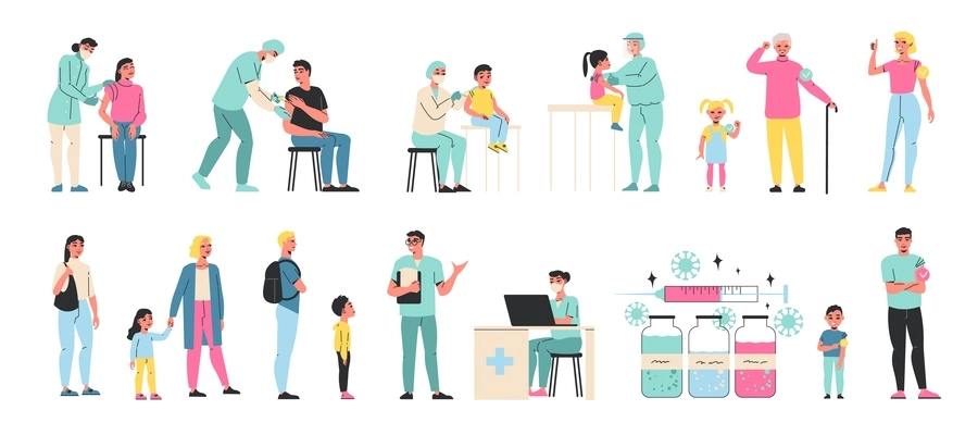 Vaccination set with isolated icons and doodle human characters of various age and gender getting vaccinated vector illustration