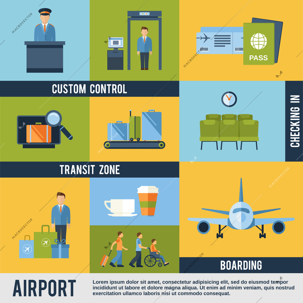 Airport icons decorative set with custom control transit zone boarding checking in isolated vector illustration