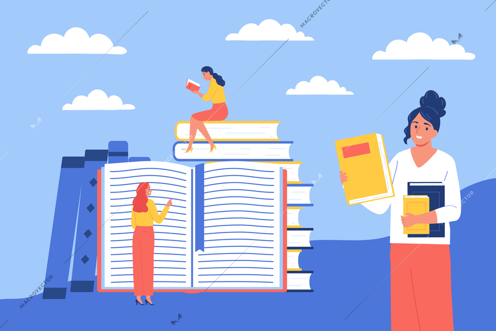 Online library flat composition illustrated glad woman with armload of books and little female figurine reading on stack of big books vector illustration