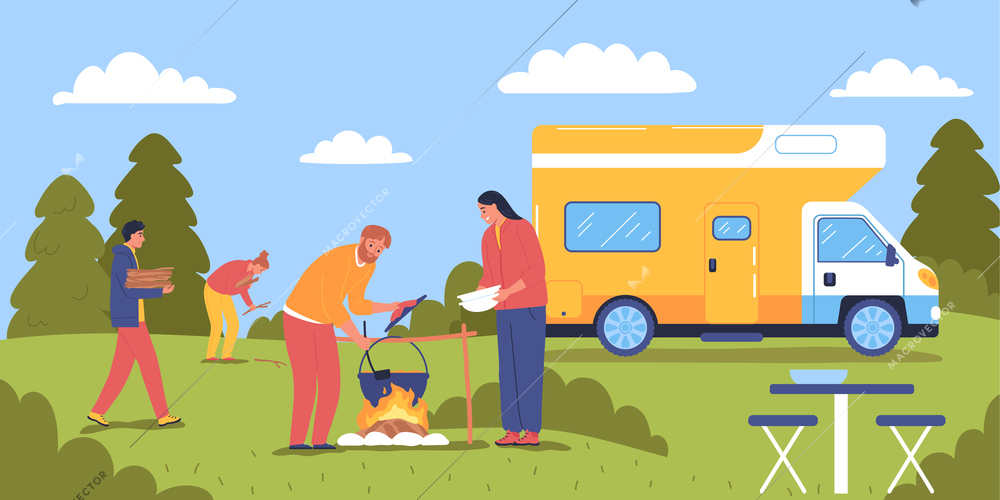 Camping flat color background with people living in house on wheels and cooking food on bonfire vector illustration