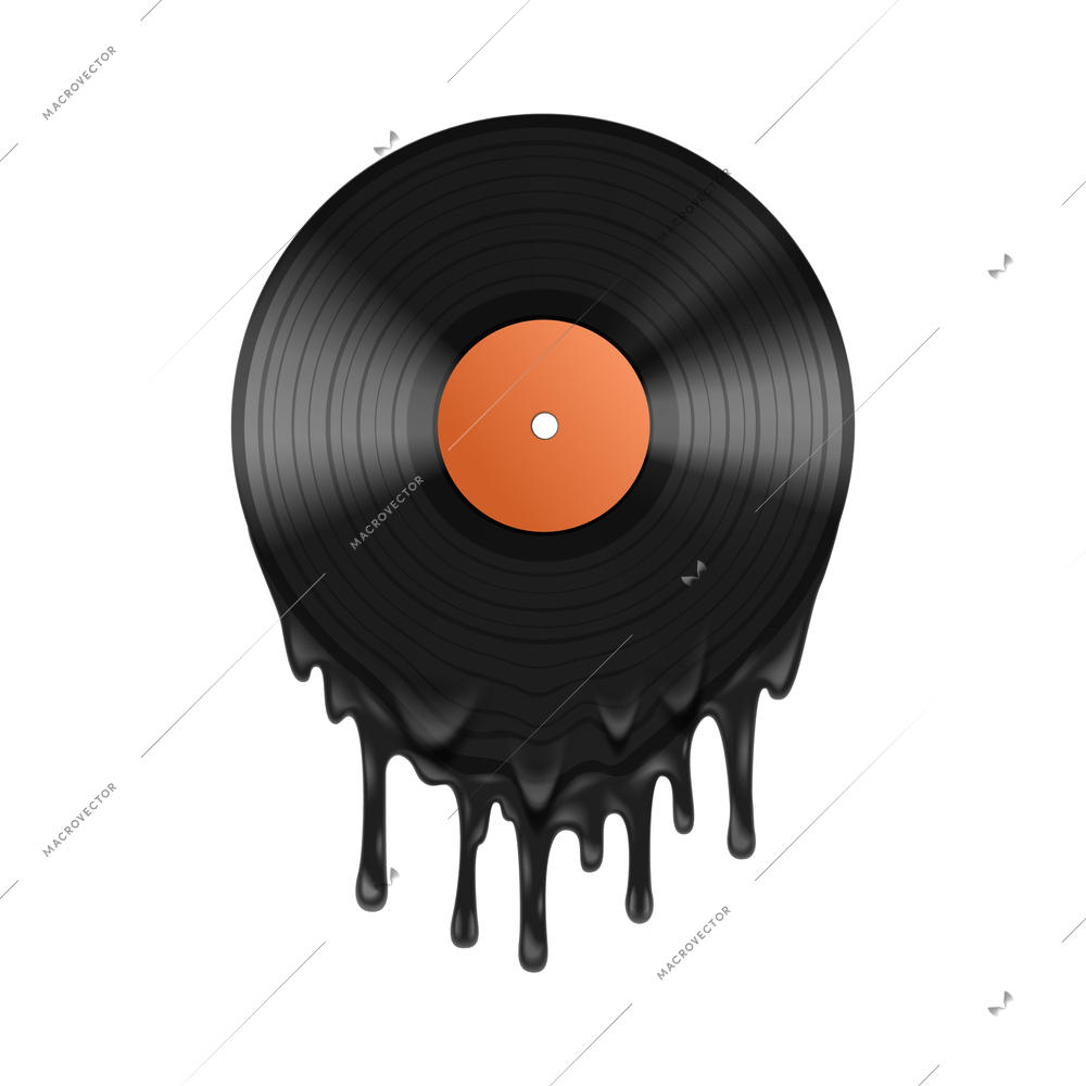 Vinyl record melting realistic composition large black drops of molten vinyl drip off the record vector illustration