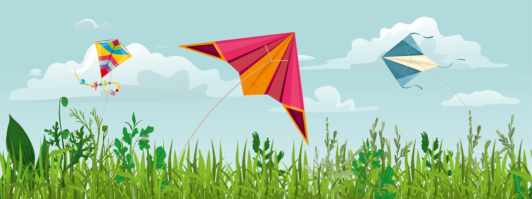 Summer day grass kite composition with horizontal landscape view of green field with flying colorful kites vector illustration