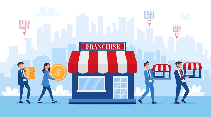 Franchise business composition with images of stores held by characters of business people with location signs vector illustration