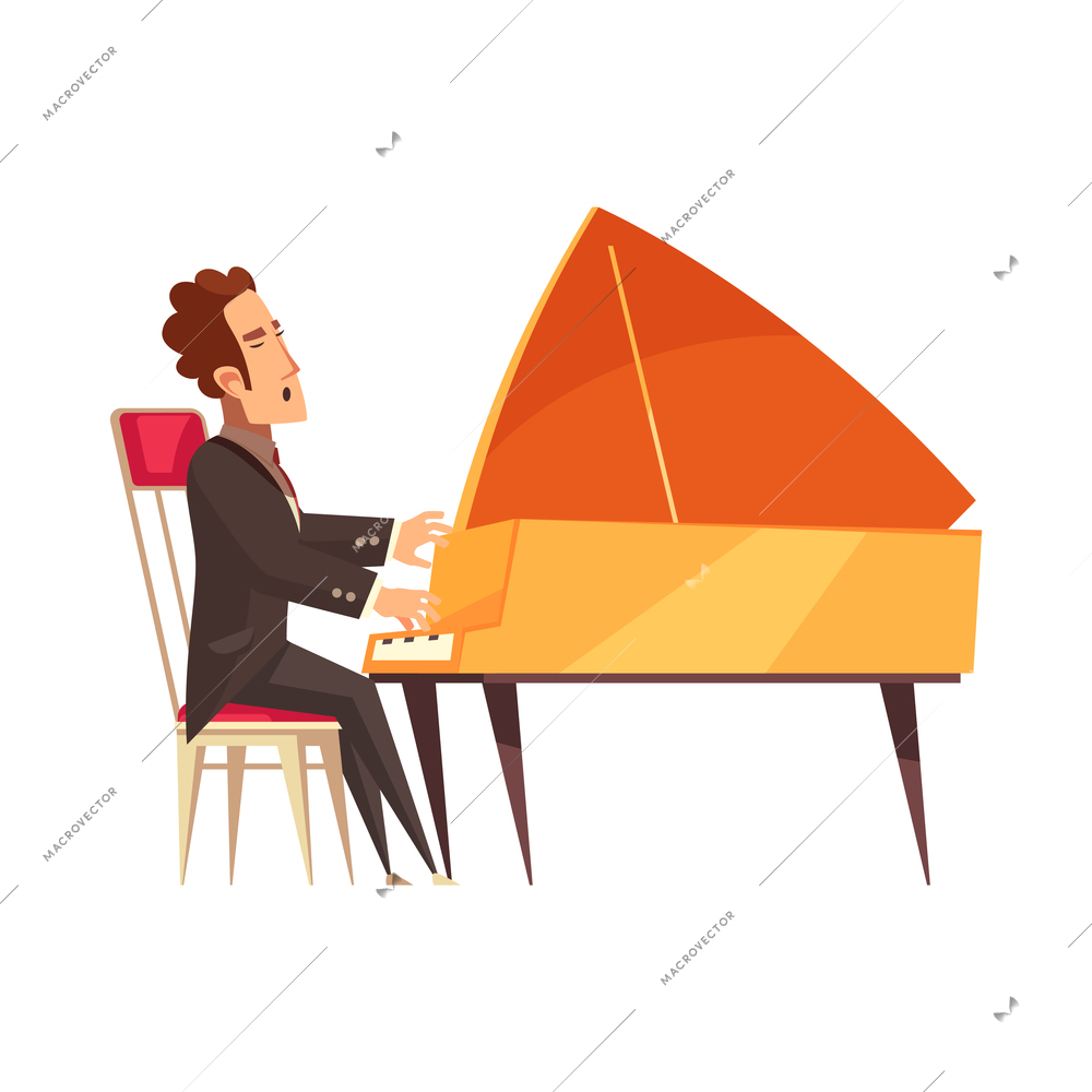 Male musician playing piano and singing cartoon flat vector illustration