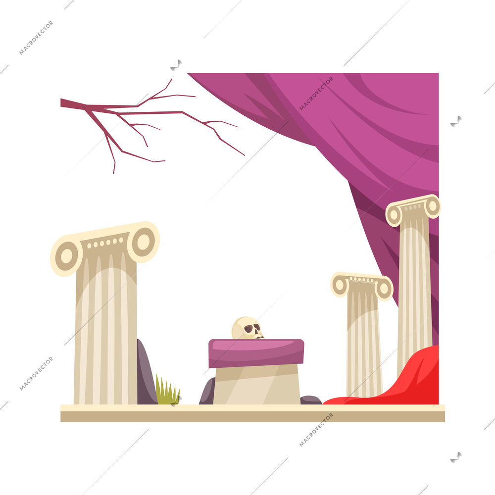Theatre stage and scenery with antique columns and skull cartoon vector illustration