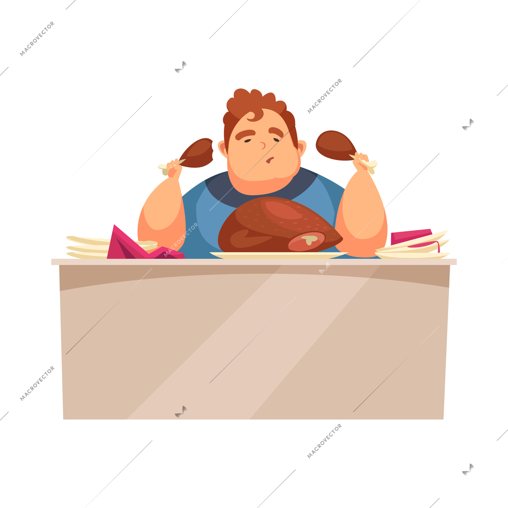 Gluttony flat concept with fat man overeating with fried chicken vector illustration