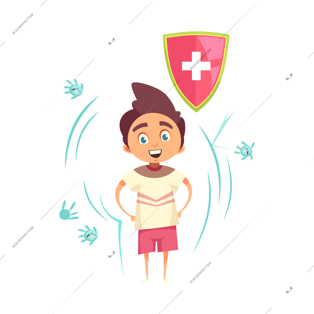 Kids vaccination cartoon concept with happy vaccinated boy protected from viruses vector illustration