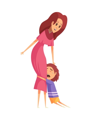 Crying son hugging mother cartoon vector illustration