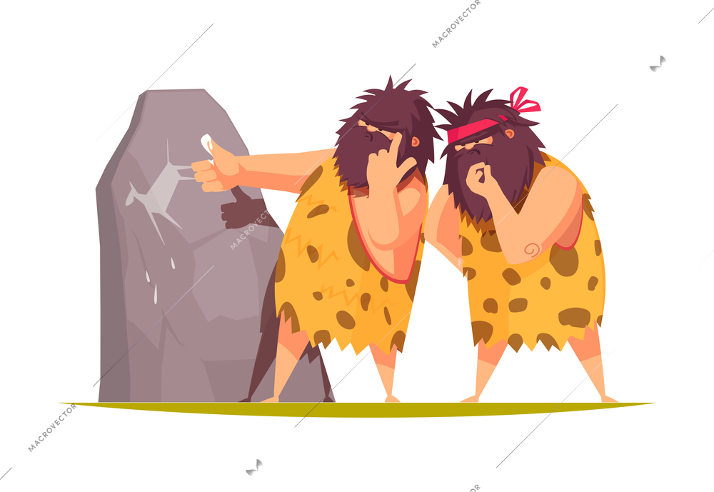 Cartoon bearded cavemen doing rock painting vector illustration