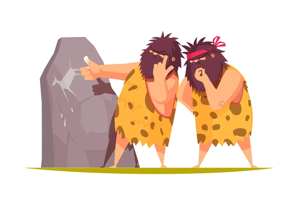 Cartoon bearded cavemen doing rock painting vector illustration