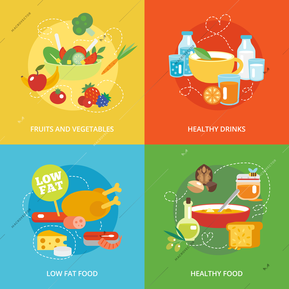 Healthy eating flat icons set with fruits and vegetables drinks low fat food isolated vector illustration