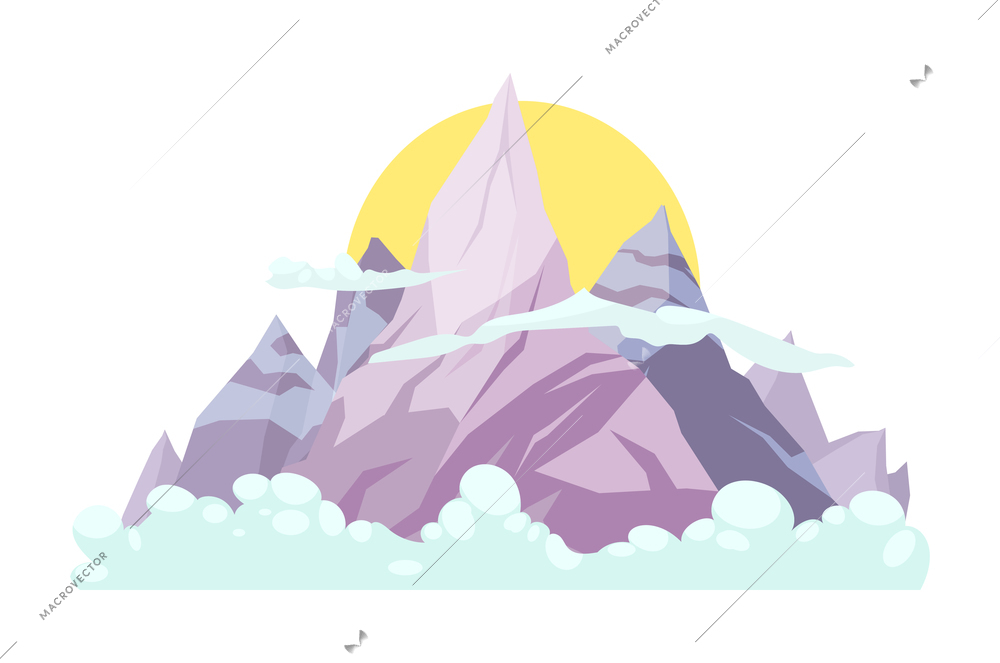 Sun behind mountains top in clouds cartoon landscape flat vector illustration