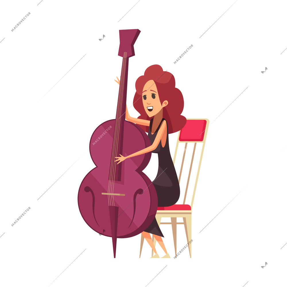 Cartoon female orchestra musician playing double bass vector illustration