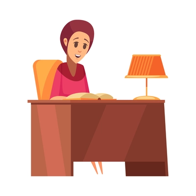 Flat woman reading book at desk vector illustration