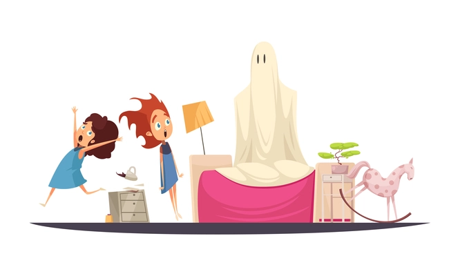 Childhood fears cartoon concept with scared kids and ghost in bedroom vector illustration