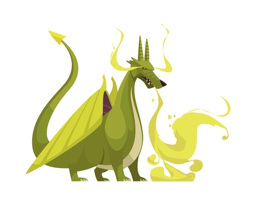 Angry green cartoon fire breathing dragon vector illustration