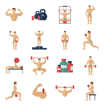 Bodybuilding fitness gym flat icons set with male athlete figures isolated vector illustration