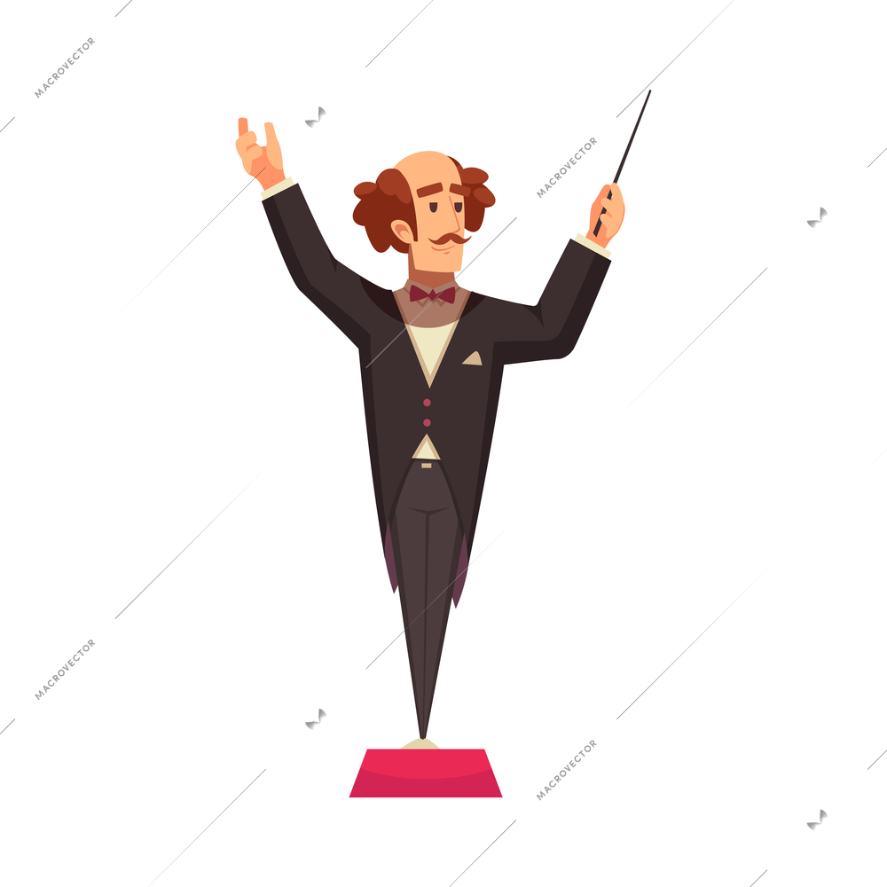 Cartoon male conductor on stage flat vector illustration