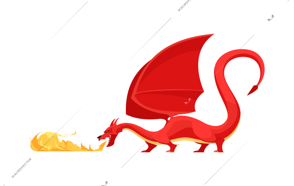Red fire breathing dragon on white background cartoon vector illustration
