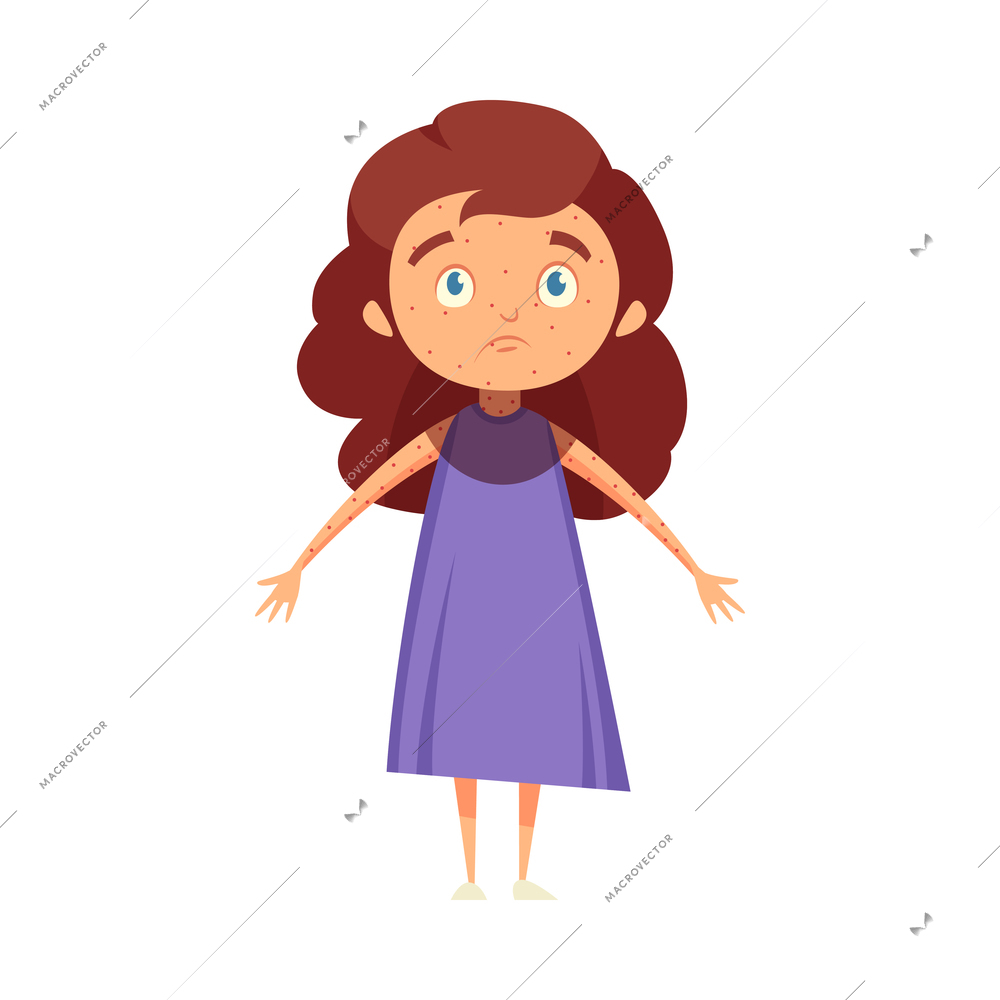 Sick little girl with rash having chicken pox cartoon vector illustration