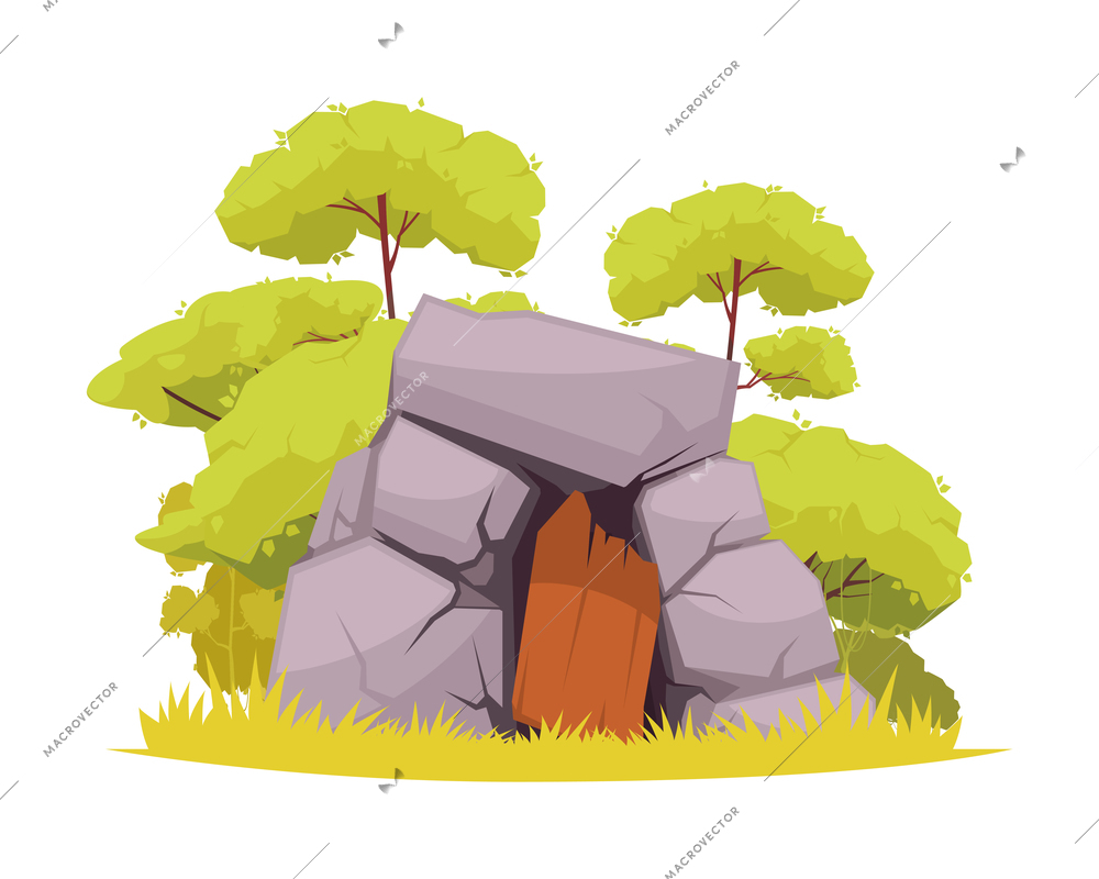 Cartoon primitive people prehistoric stone hut entrance with wooden door vector illustration