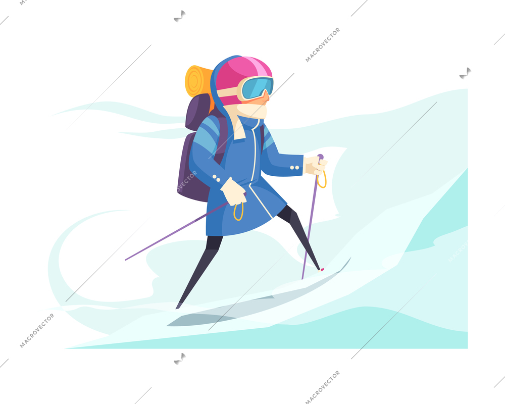 Mountaineering cartoon composition with cartoon mountain climber in snow vector illustration