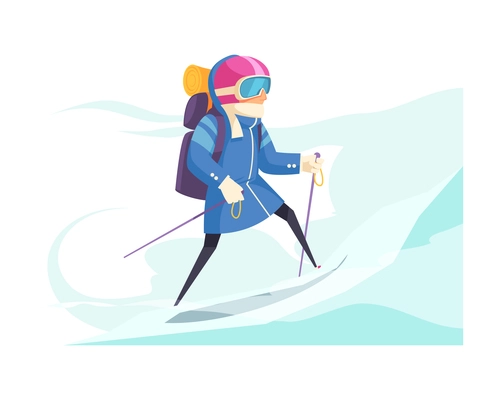 Mountaineering cartoon composition with cartoon mountain climber in snow vector illustration