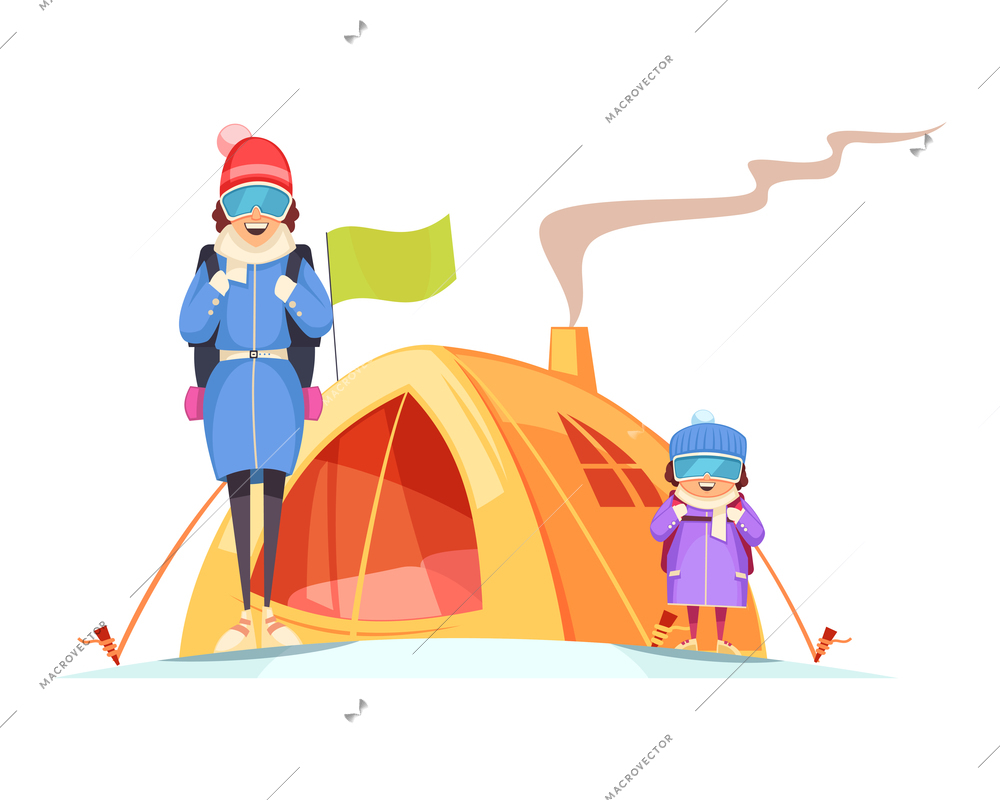 Mountaineering cartoon concept with happy mum and child mount climbers near tent vector illustration