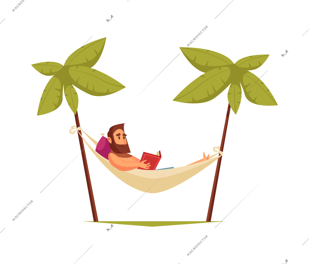 Man reading book while resting in hammock between palm trees flat vector illustration