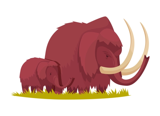 Cartoon adult and baby mammoths on green grass vector illustration